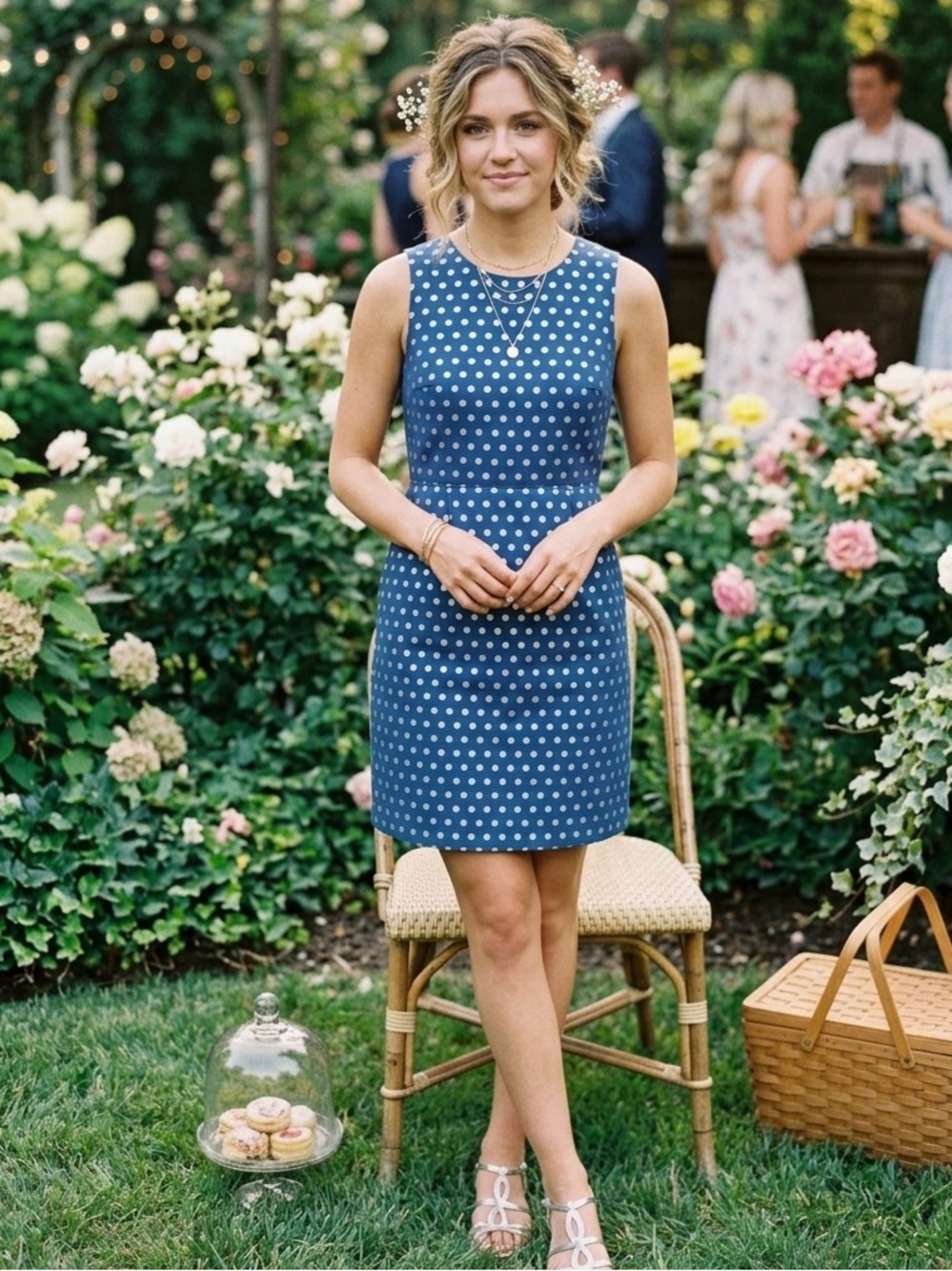 J. Crew Sleeveless Cobalt Blue Dress with Silver Polka Dots
